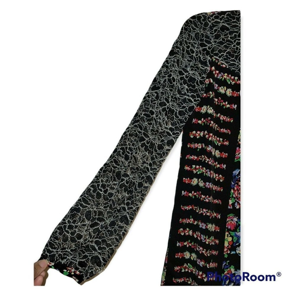 Anna Sui Black Silk and Lace Floral Print Shift Dress Size 6 - Picture 4 of 5